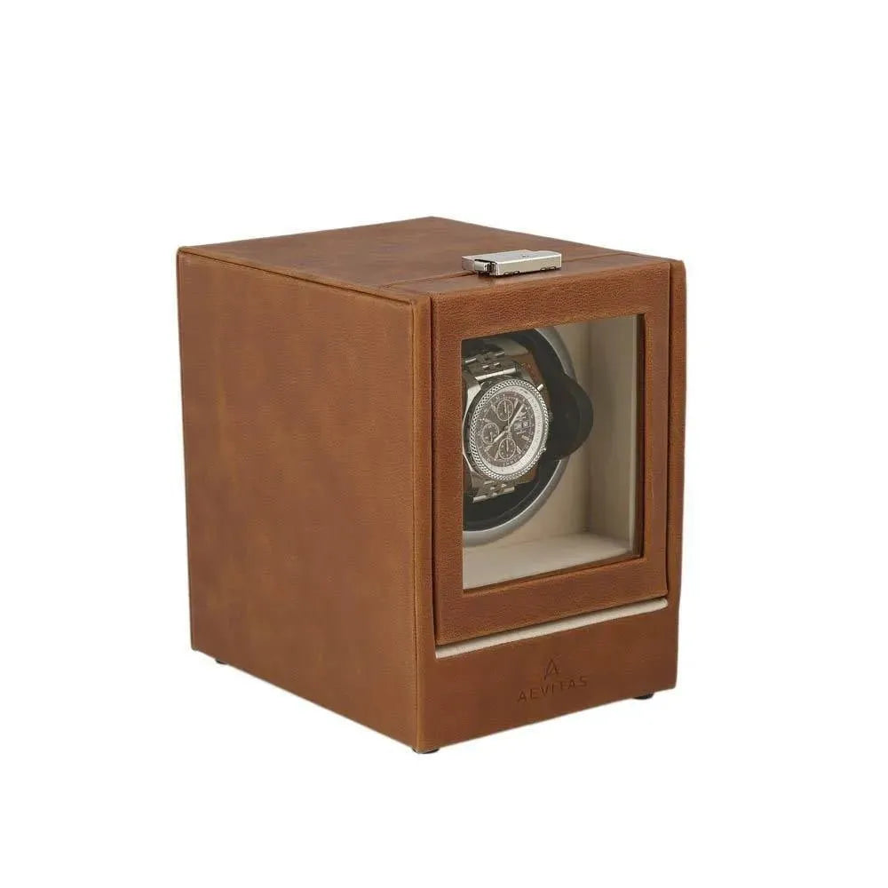 Leather Watch Winder Cognac Brown Genuine - Slide Away Door