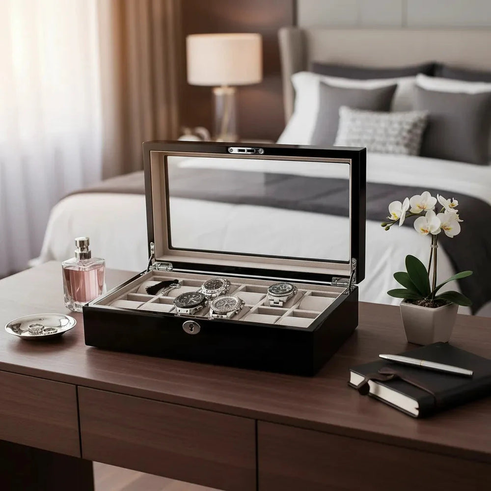 12 Watch Box in Piano Black Gloss Finish with Grey Luxury Lining by Aevitas