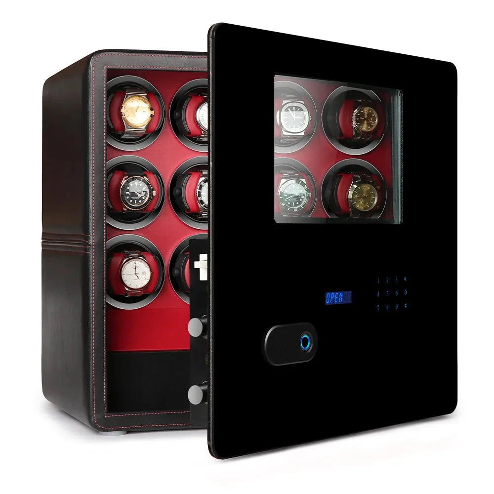 12 Watch Winder in a Safe Luxury Black Leather with Red Interior
