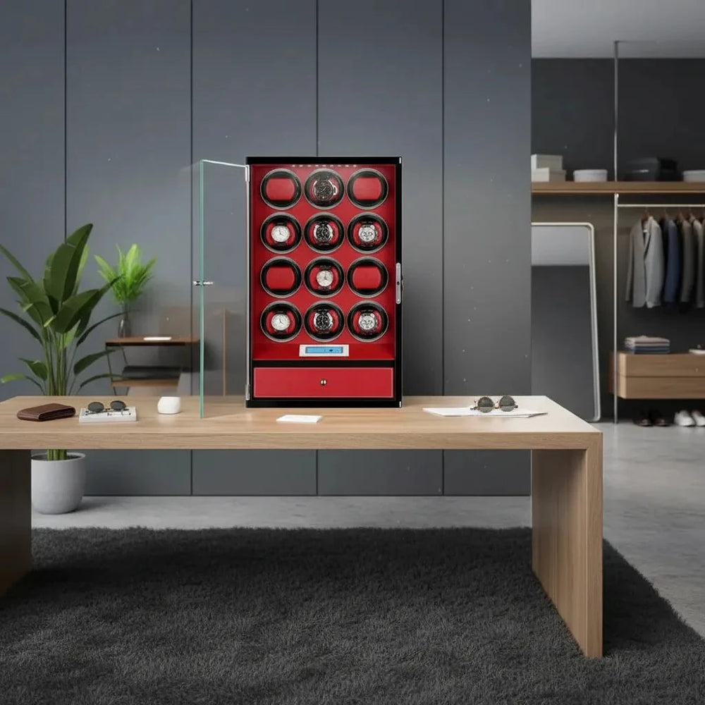12 Watch Winder with Storage Drawer Black Wood with Red Tower Series by Aevitas