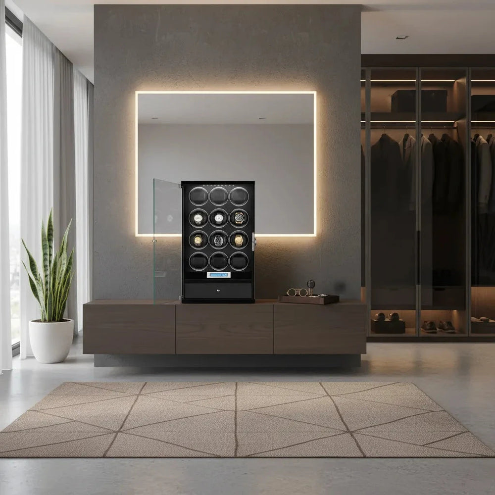 12 Watch Winder with Storage Drawer Piano Black Wood Tower Series by Aevitas