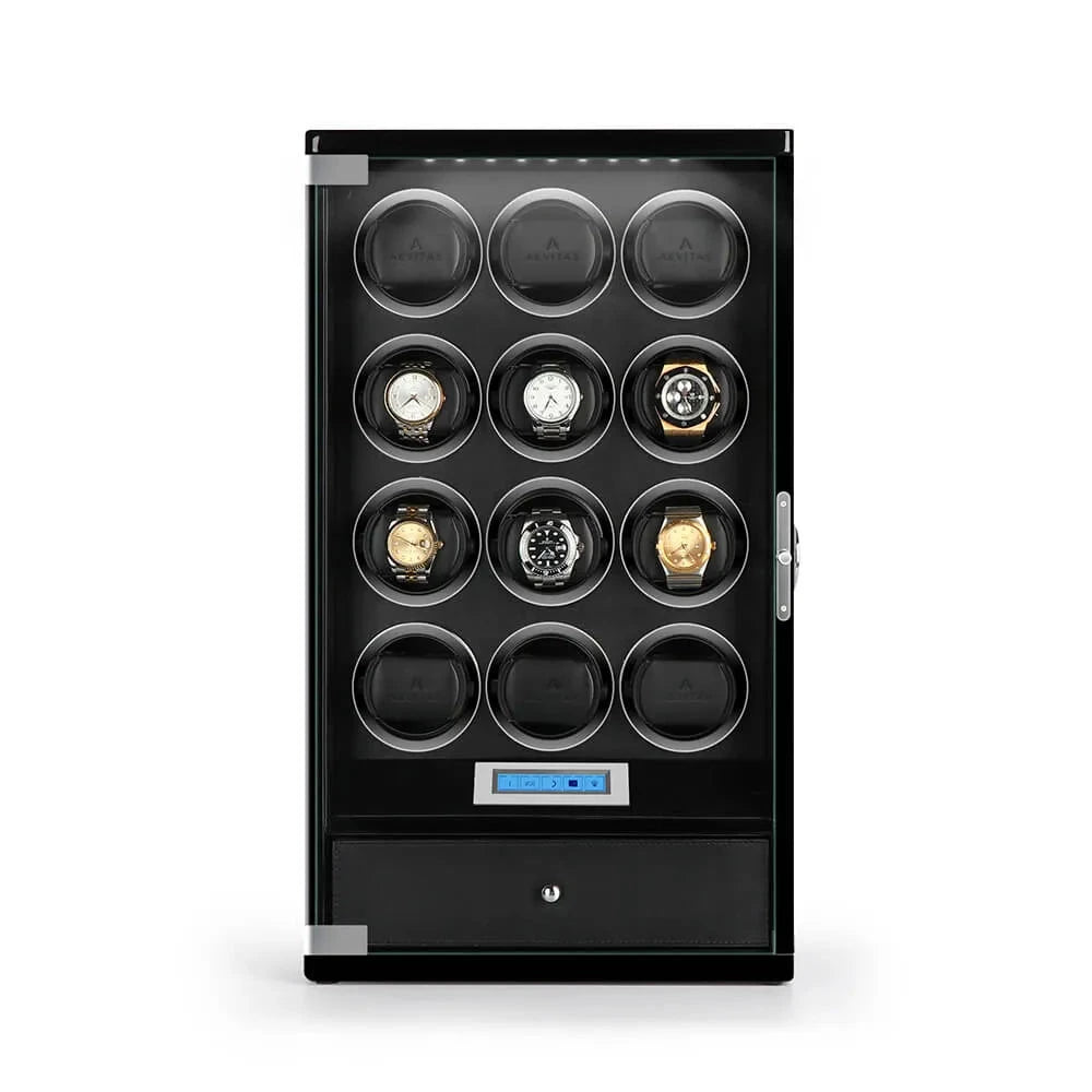 12 Watch Winder with Storage Drawer Piano Black Wood Tower Series by Aevitas