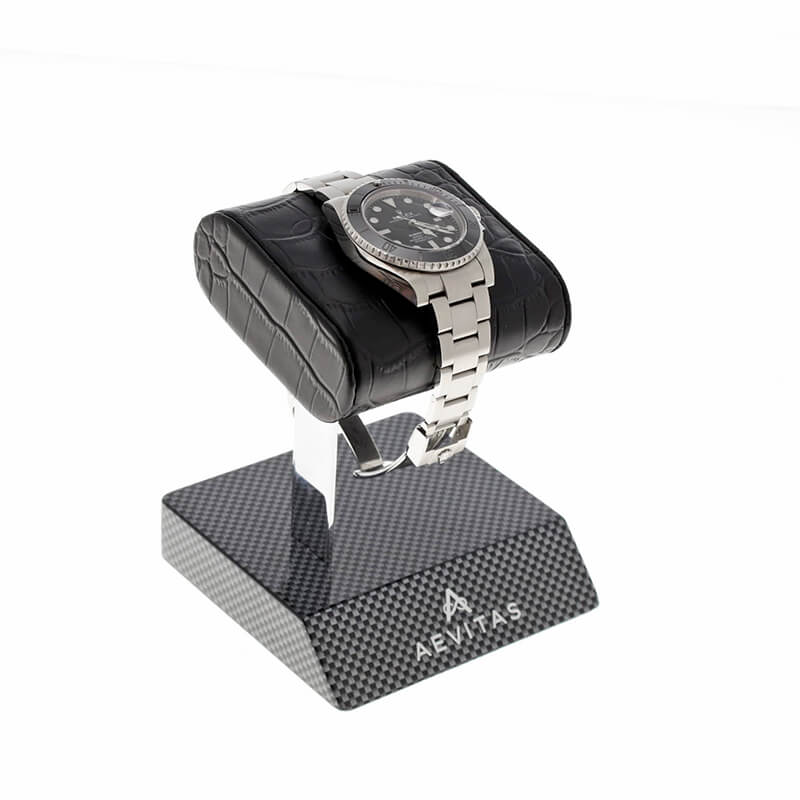 Aevitas-Watch-Stand-Carbon-Fibre-with-Black-Genuine-Leather-Holder