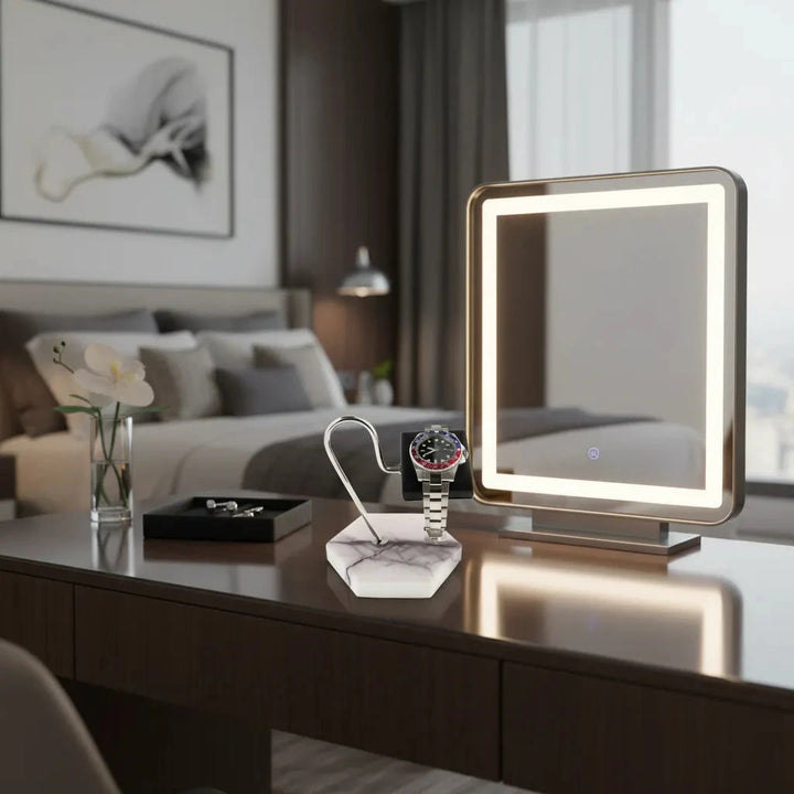 Aevitas Watch Stand in White Marble Dark Violet Veins with Black Leather