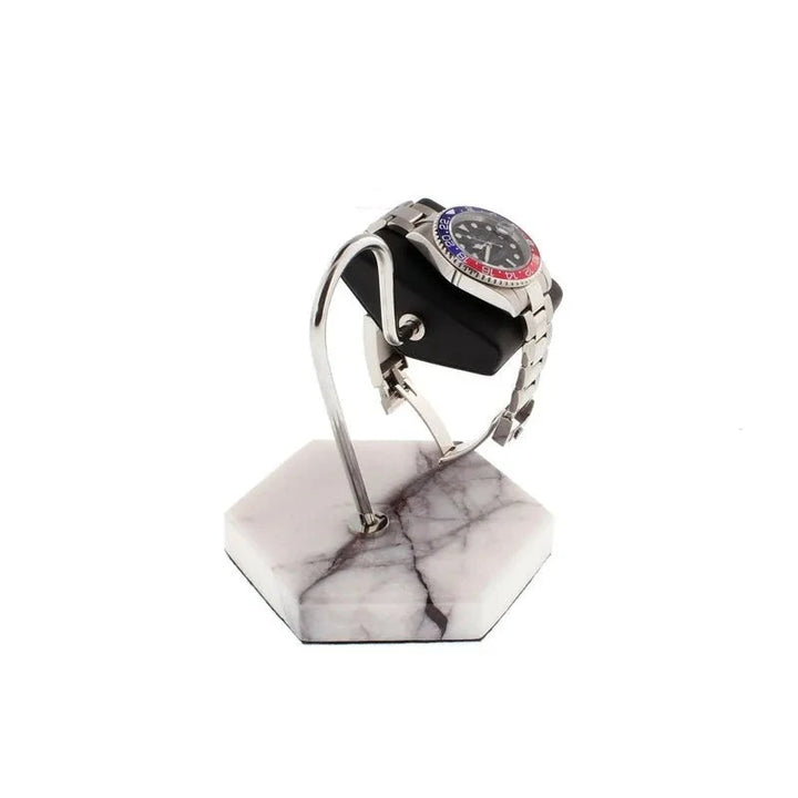 Aevitas Watch Stand in White Marble Dark Violet Veins with Black Leather
