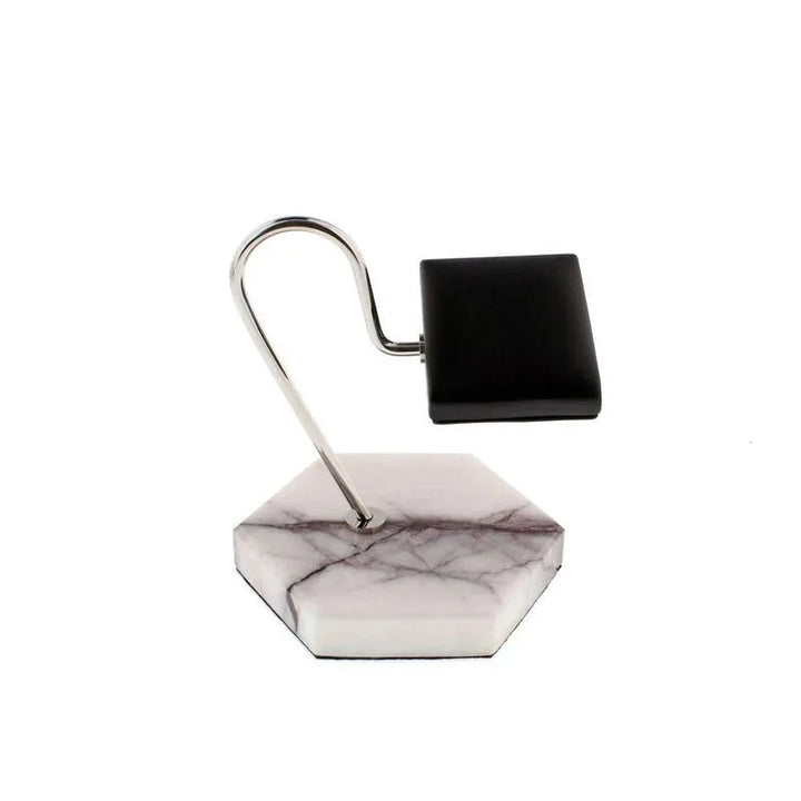 Aevitas Watch Stand in White Marble Dark Violet Veins with Black Leather