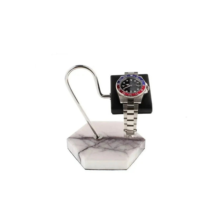 Aevitas Watch Stand in White Marble Dark Violet Veins with Black Leather