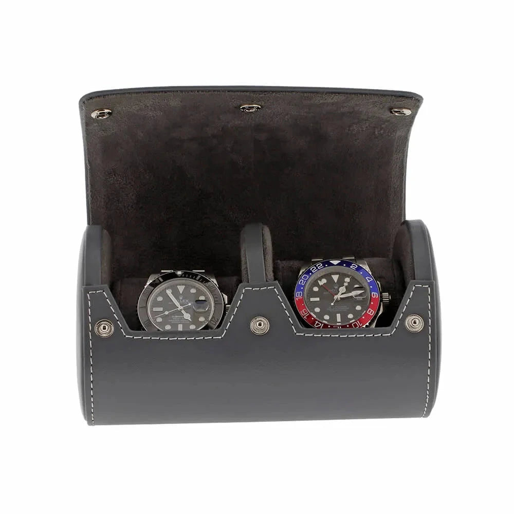 Double Watch Roll in Smooth Grey Leather with Super Soft Lining