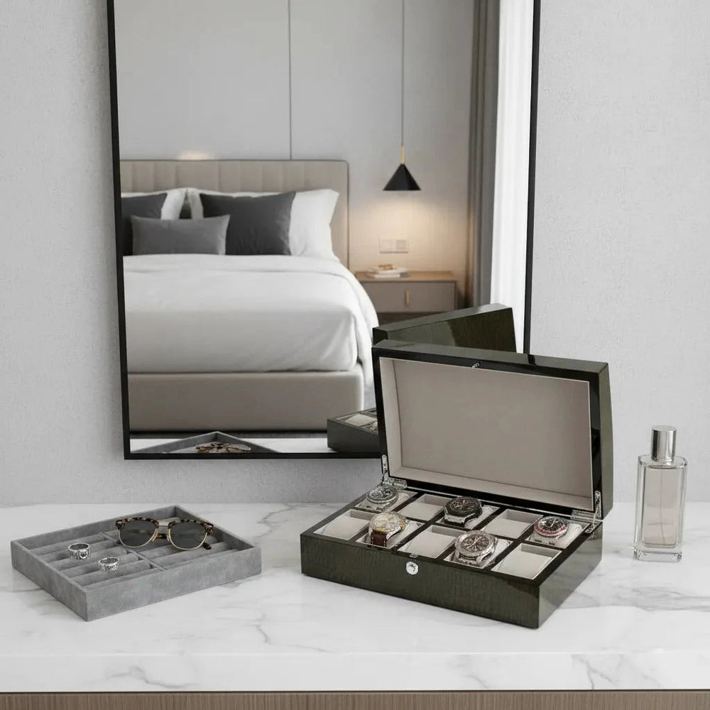 Premium 10 Watch Box in Green High Gloss Lacquered Crocodile Print Finish by Aevitas