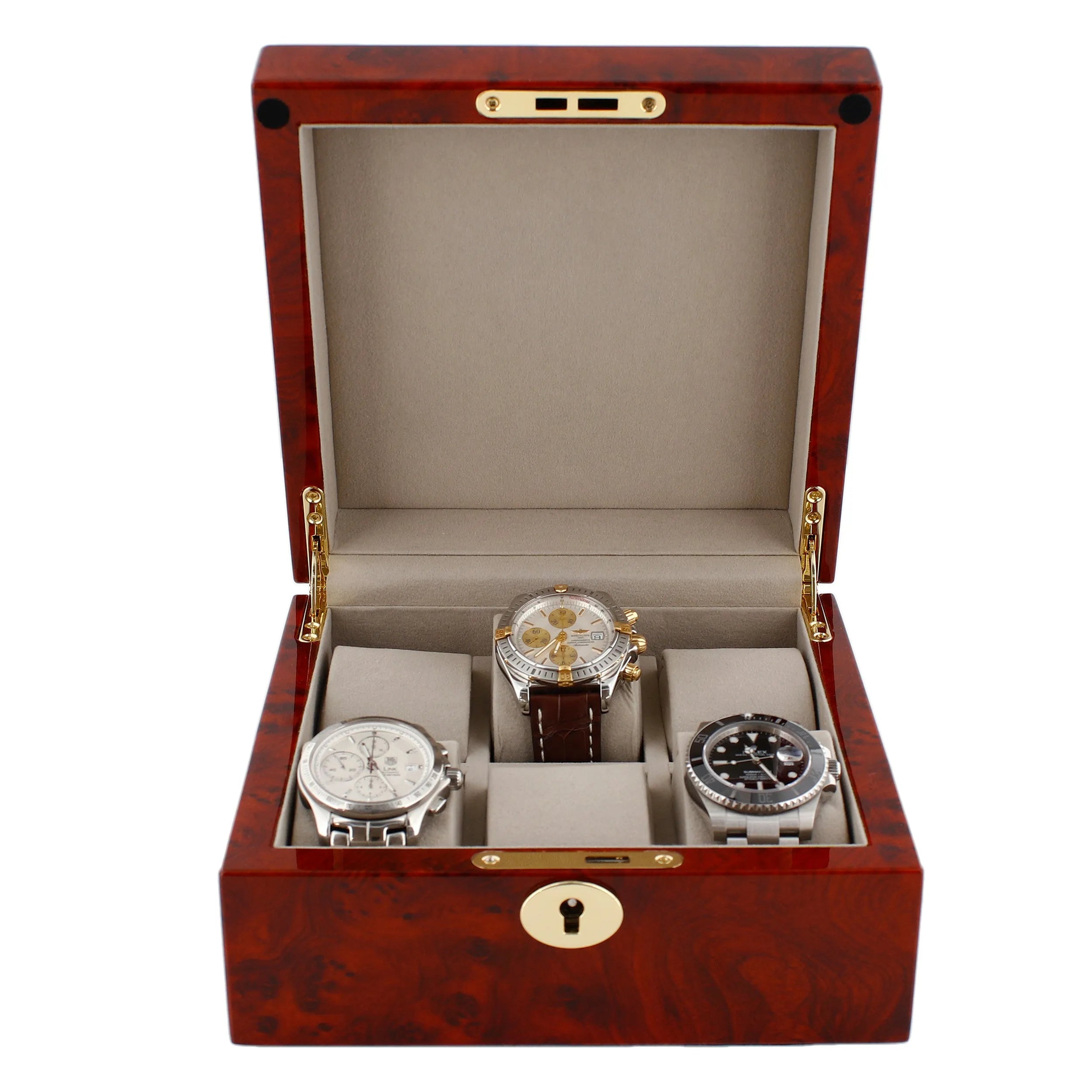 Premium 6 Watch Box in Burl Walnut Piano Gloss Finish Luxury Lining Premium 6 Watch Box in Burl Walnut Piano Gloss Finish Luxury Lining