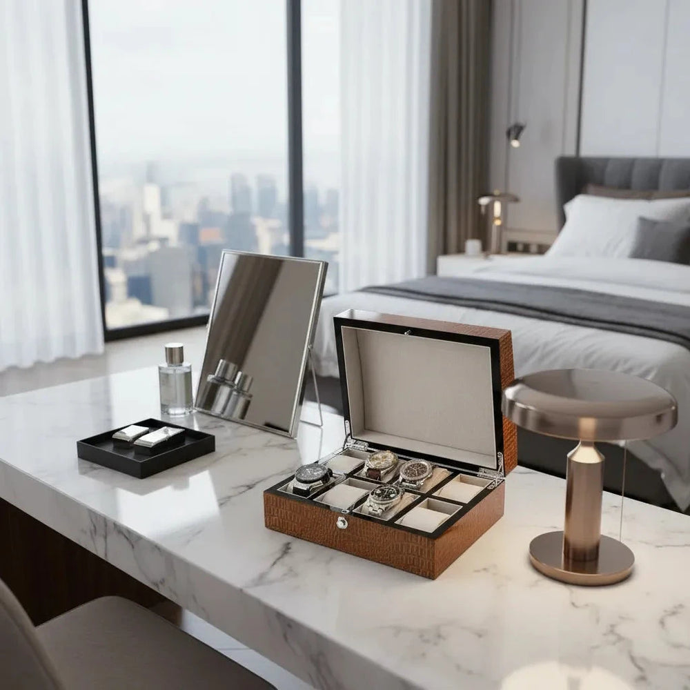 Premium 8 Watch Box in Brown High Gloss Lacquered Crocodile Print Finish by Aevitas