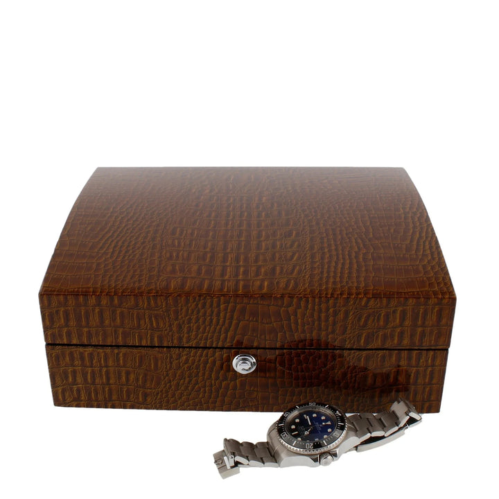 Premium 8 Watch Box in Brown High Gloss Lacquered Crocodile Print Finish by Aevitas