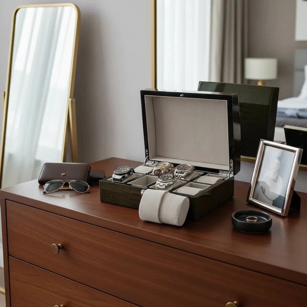 Premium 8 Watch Box in Green High Gloss Lacquered Crocodile Print Finish by Aevitas