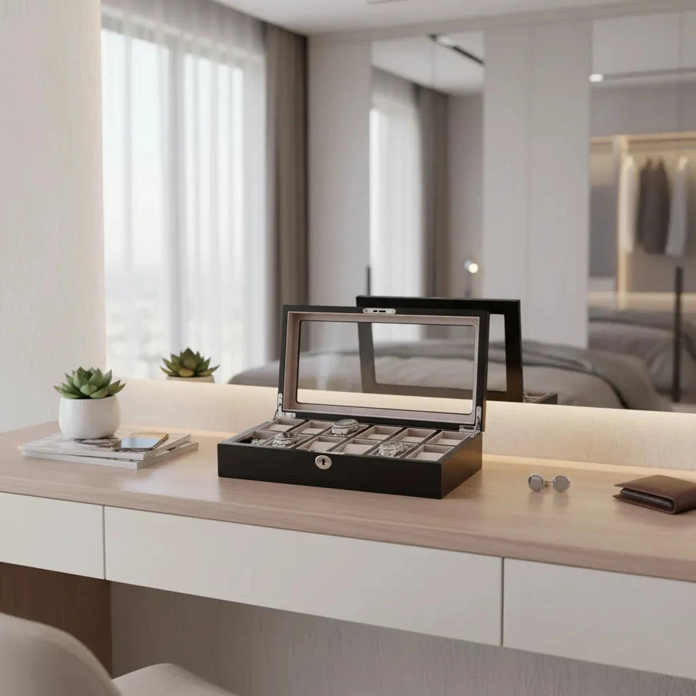 Premium Black Oak Veneer Watch Box for 12 Watches