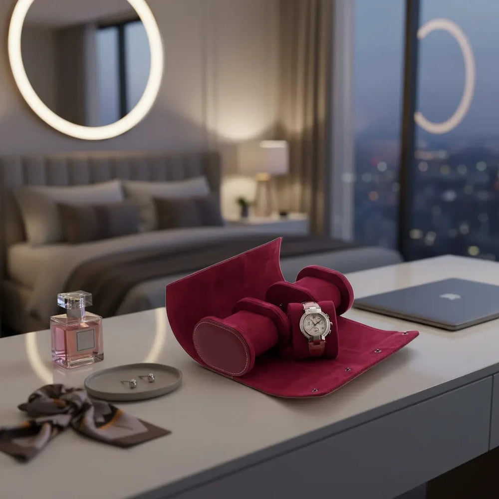 Premium Ladies 3 Watch Roll Claret Red Saffiano Leather with Soft Lining