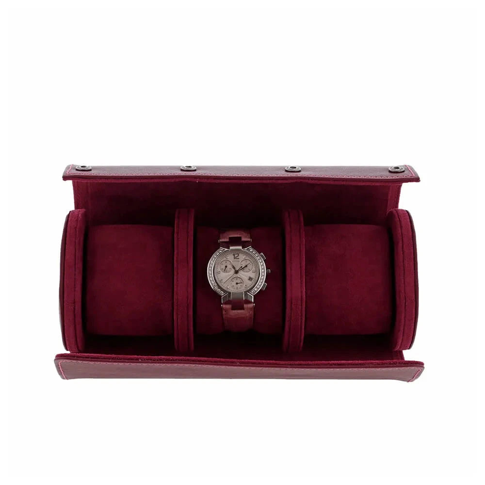 Premium Ladies 3 Watch Roll Claret Red Saffiano Leather with Soft Lining