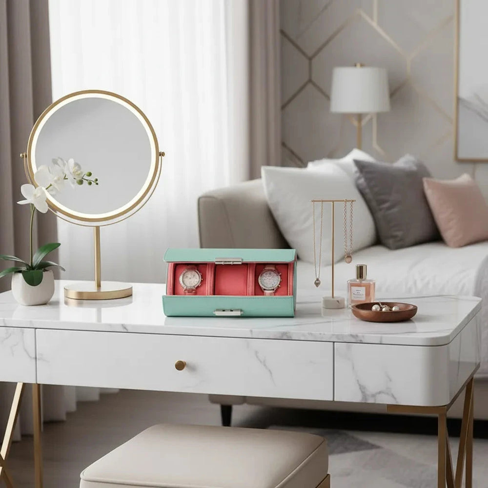 Premium Ladies 3 Watch Roll in Tiffany Blue Saffiano Leather Soft Pink Lining