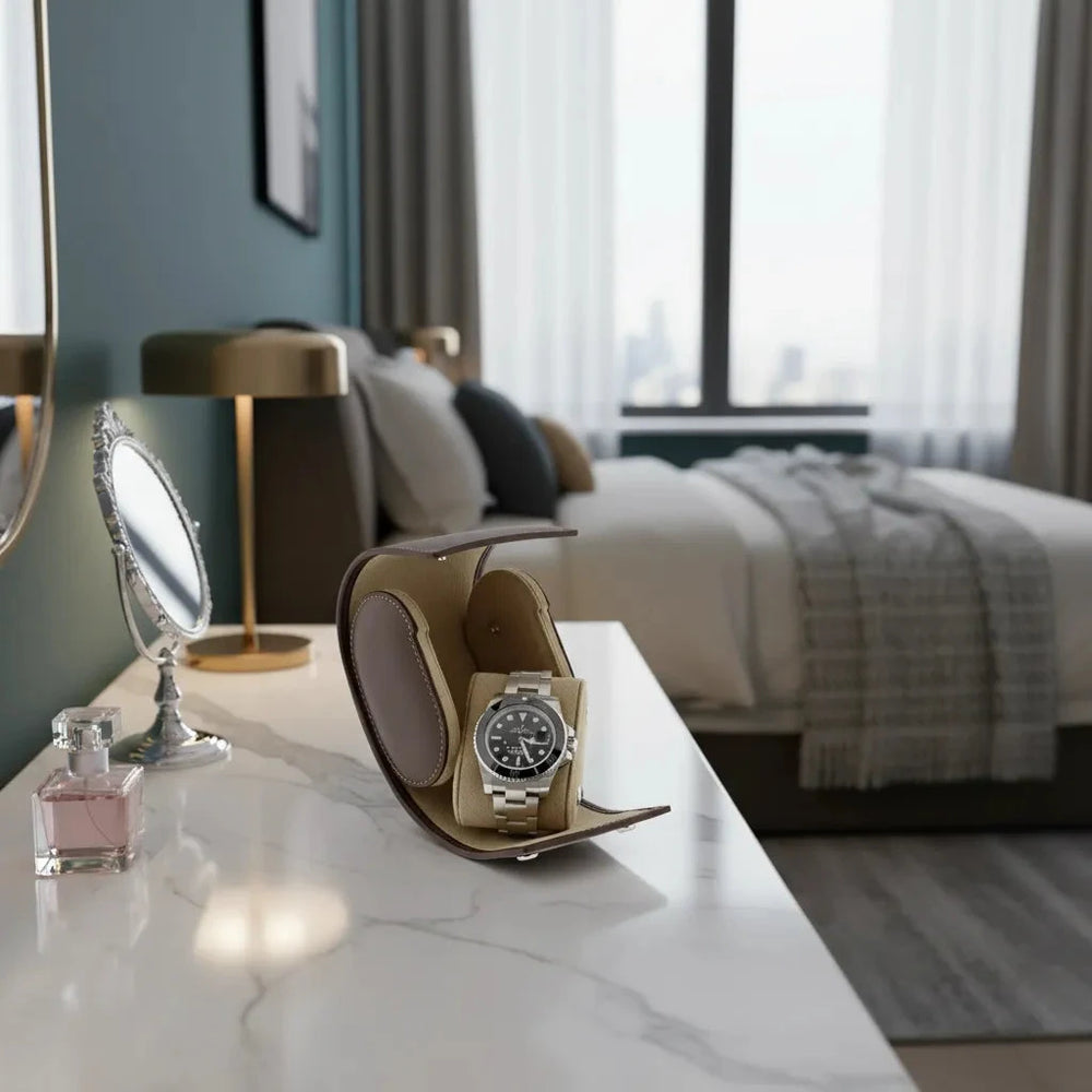 Single Watch Roll Case in Premium Dark Brown Calf Leather by Aevitas