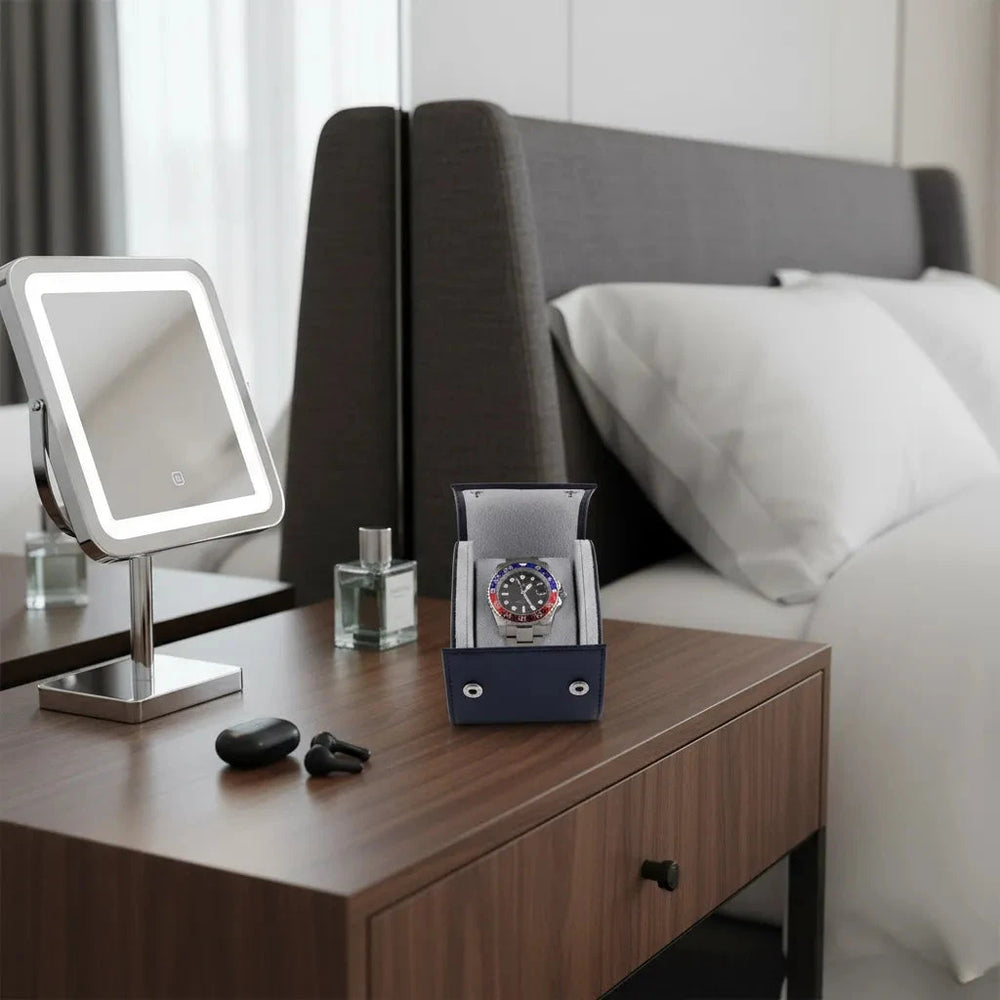 Single Watch Roll in Navy Blue Saffiano Real Leather with Super Soft Lining