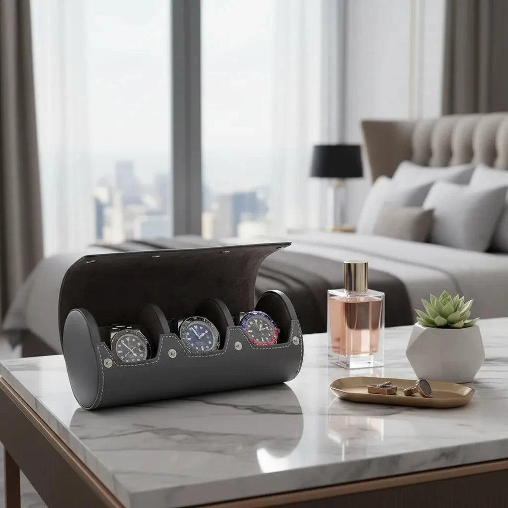 Triple Watch Roll in Smooth Grey Leather with Super Soft Lining