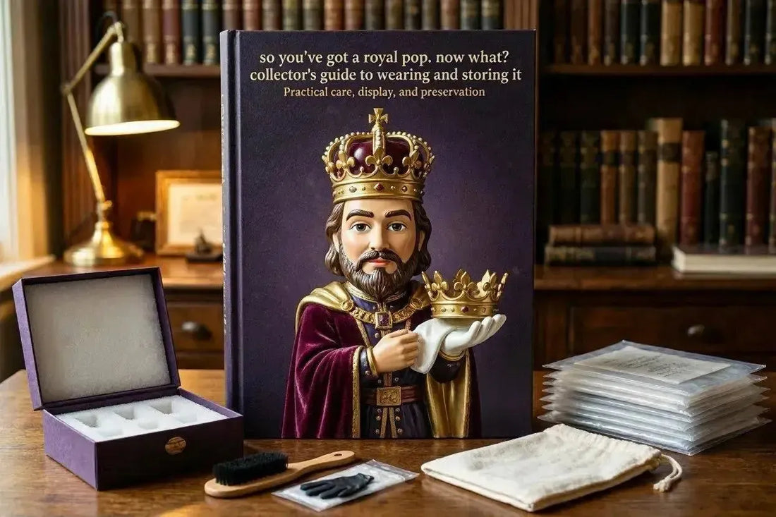 A collector's guide book featuring a king figurine, storage box, cleaning brush, and gloves on a wooden desk.