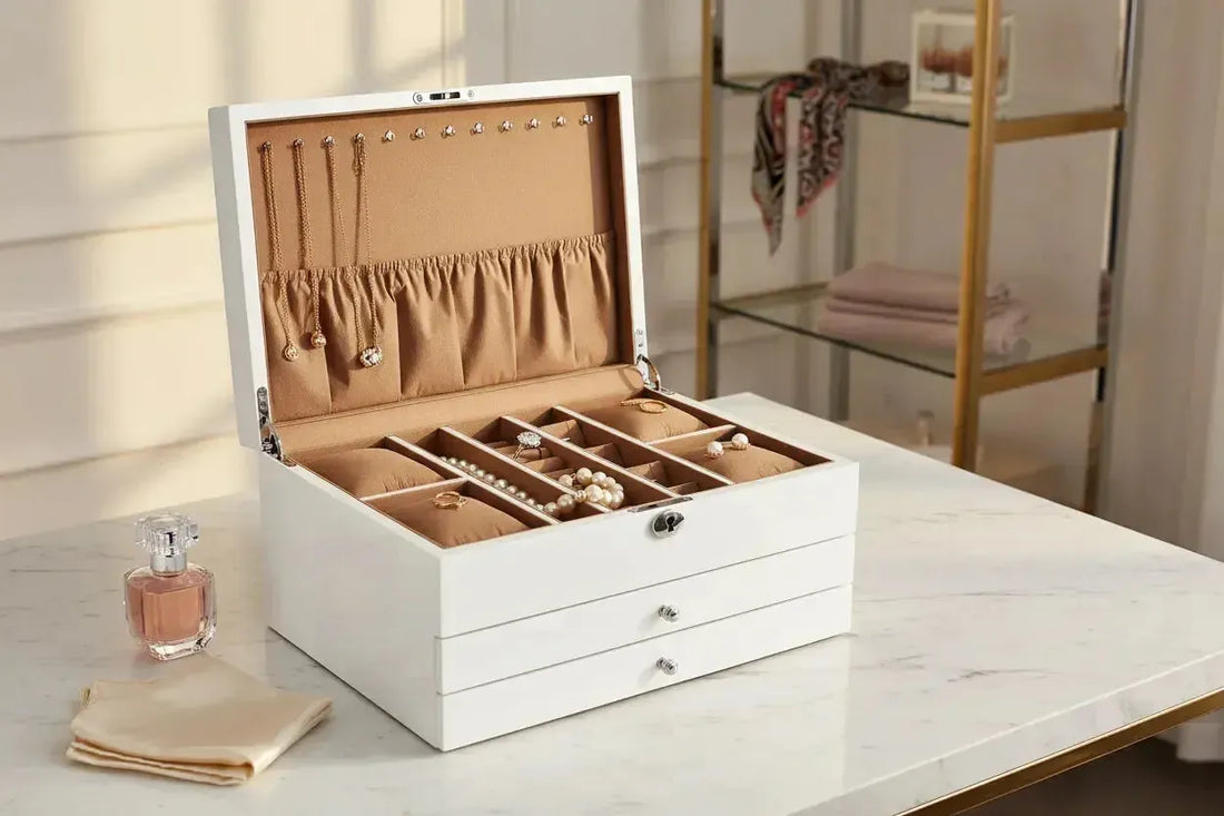 Aevitas Premium Jewellery Box White Gloss Finish with Camel Lining open displaying diamond ring and pearl necklace — jewellery box UK