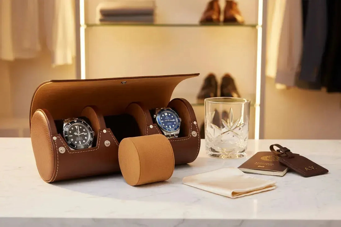 Aevitas Premium Triple Watch Roll Brown Leather with Rolex Submariner and Omega Seamaster — watch roll travel case UK