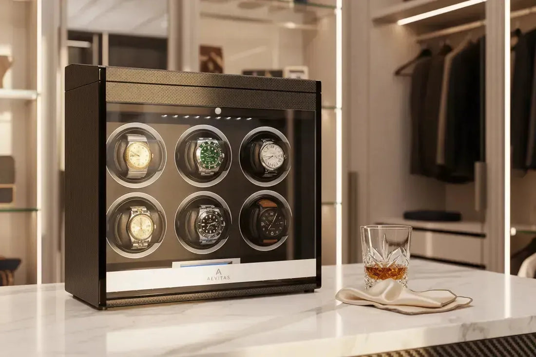 Aevitas 6 Watch Winder Carbon Fibre with six luxury watches including Rolex Submariner and Omega Seamaster — 6 watch winder UK