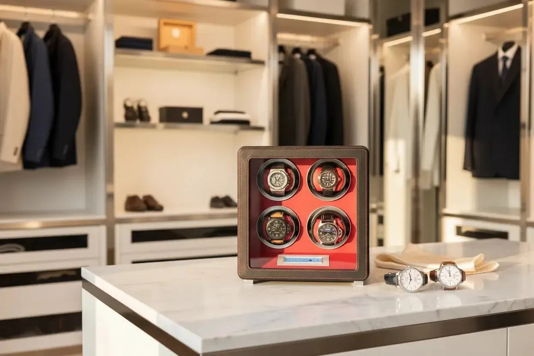 Aevitas 4 Watch Winder Smooth Black Leather with Omega De Ville and IWC Portofino — leather watch winders for automatic watches UK