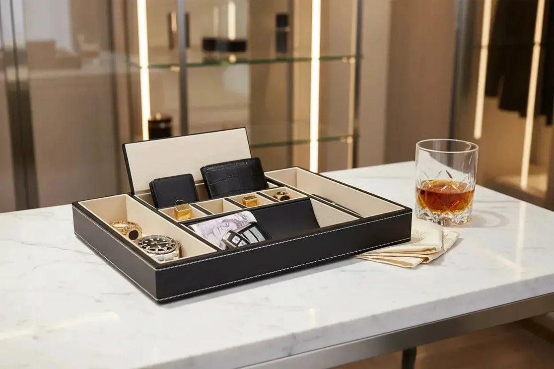 Aevitas Men's Valet Tray Black Smooth Leather with Rolex watch, gold cufflinks and wallet — valet tray organiser UK