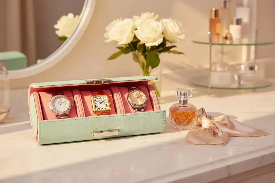 Aevitas Premium Ladies Watch Roll Tiffany Blue Saffiano Leather with Pink Lining displaying Omega Constellation and Cartier Tank — ladies watch roll UK