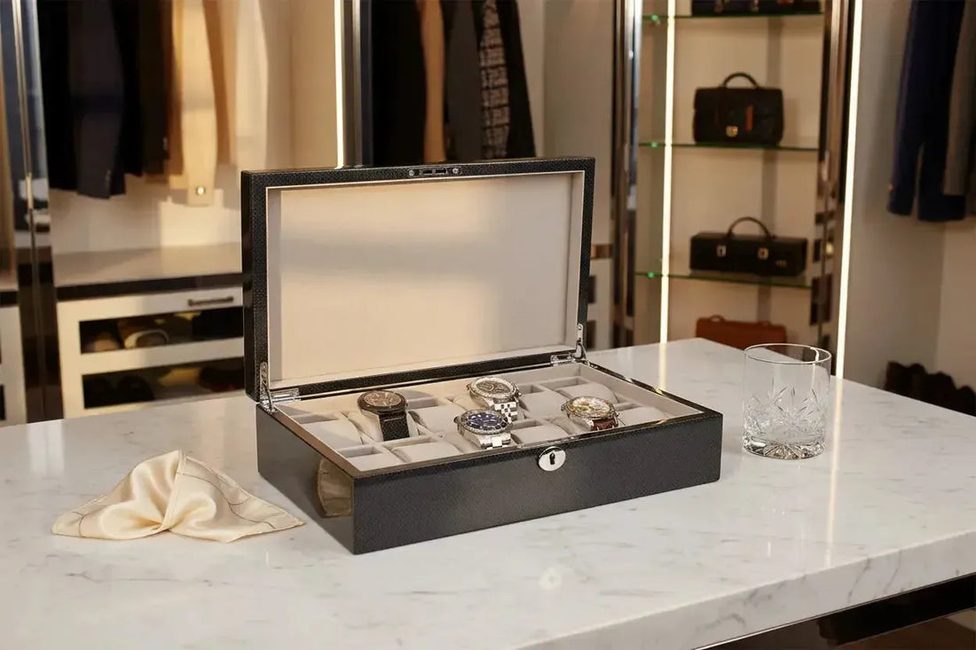 Aevitas 12 Watch Box Carbon Fibre with Rolex Submariner and TAG Heuer Carrera — carbon fibre watch box UK