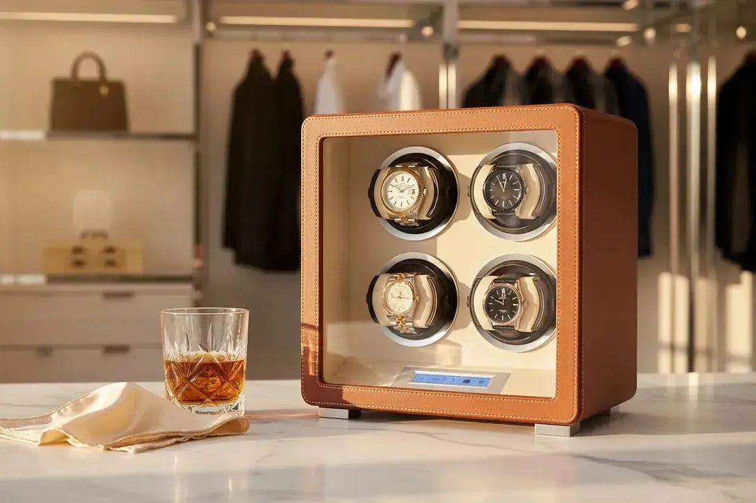 Aevitas 4 Watch Winder Brown Smooth Leather with Rolex Datejust and Omega De Ville — leather watch winder UK