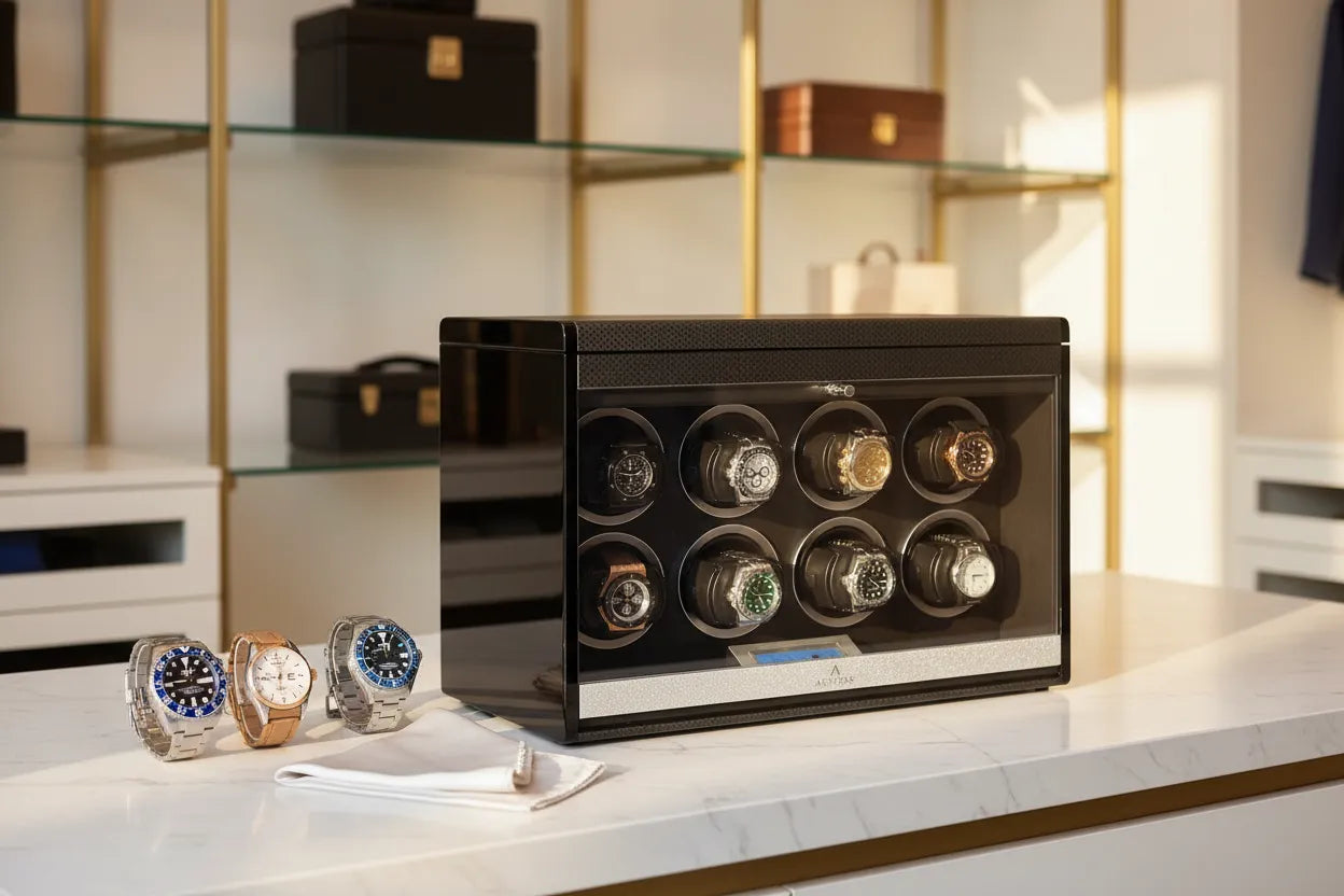 Aevitas 8 Watch Winder Carbon Fibre with Rolex GMT, IWC Pilot and Breitling Superocean — watch winder TPD settings guide UK