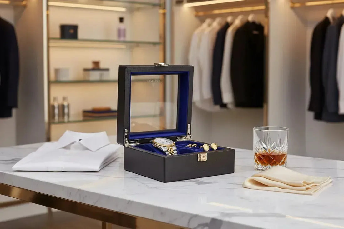 Aevitas 4 Watch and Cufflink Box Black Leather Royal Blue Velvet Lining with Rolex Datejust and gold cufflinks — watch cufflink box UK