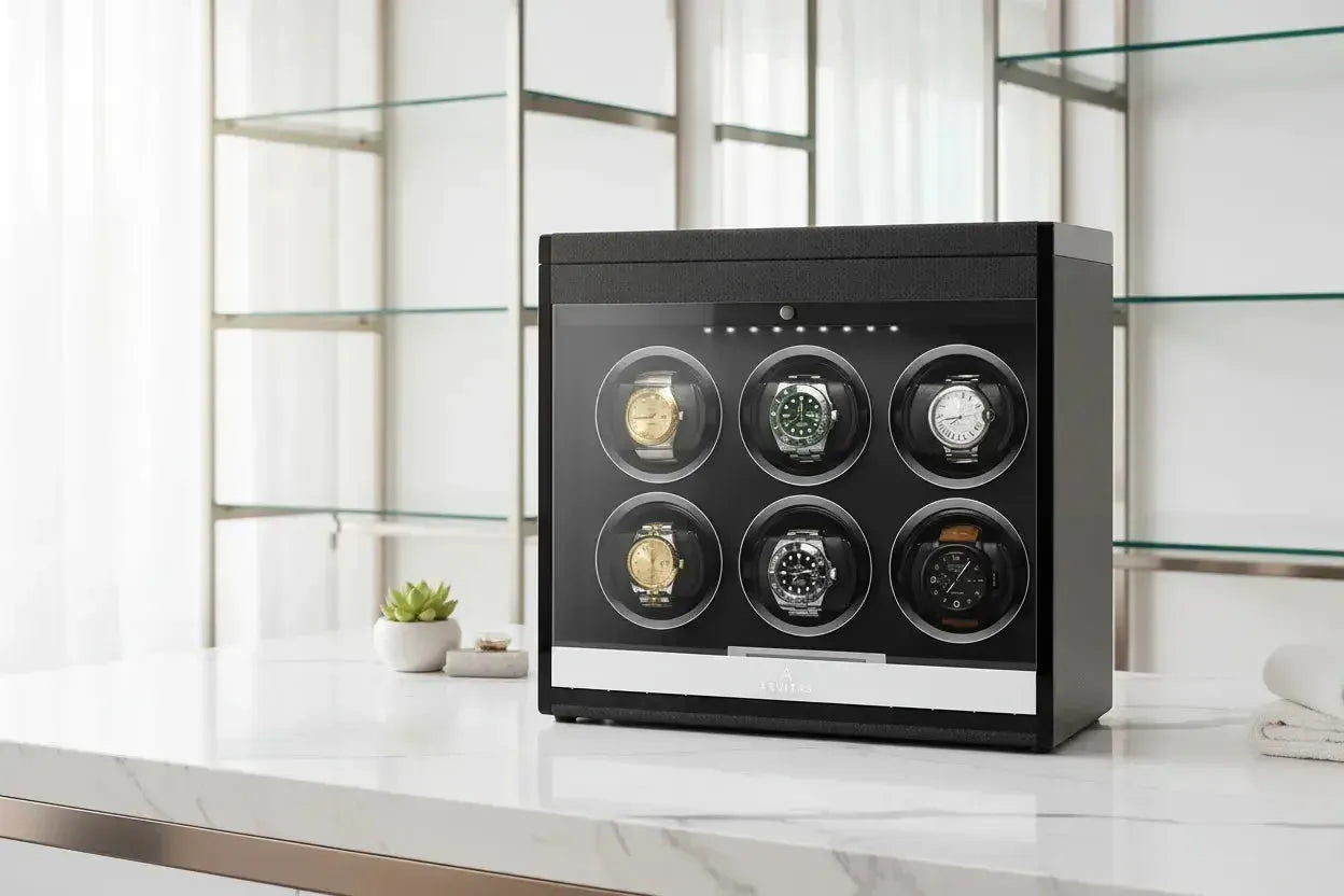 Aevitas 6 Watch Winder Carbon Fibre with Rolex Submariner, Omega Seamaster, TAG Heuer Carrera, Breitling Navitimer, Hublot Big Bang and IWC Portugieser — carbon fibre watch winder UK