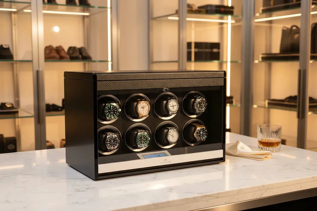 Aevitas 8 Watch Winder Carbon Fibre with eight luxury watches including Rolex Submariner and Omega Seamaster — 8 watch winder UK