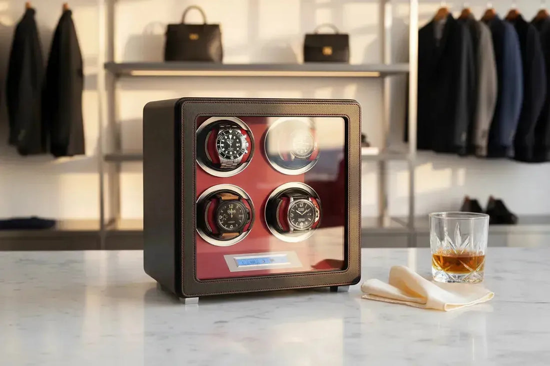 Aevitas 4 Watch Winder Smooth Black Leather with Rolex Submariner, Omega Seamaster, TAG Heuer Carrera and Breitling Navitimer — 4 watch winder UK