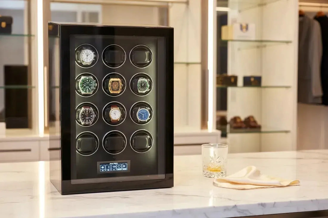 Aevitas Premium 12 Watch Winder Piano Black with twelve luxury watches including Rolex and Patek Philippe — 12 watch winder UK