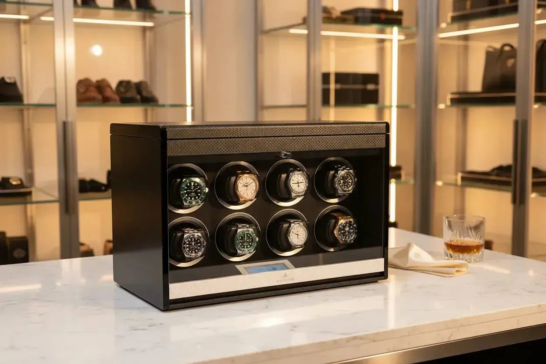 Aevitas 8 Watch Winder Carbon Fibre with eight luxury watches including Rolex Submariner and Omega Seamaster — 8 watch winder UK
