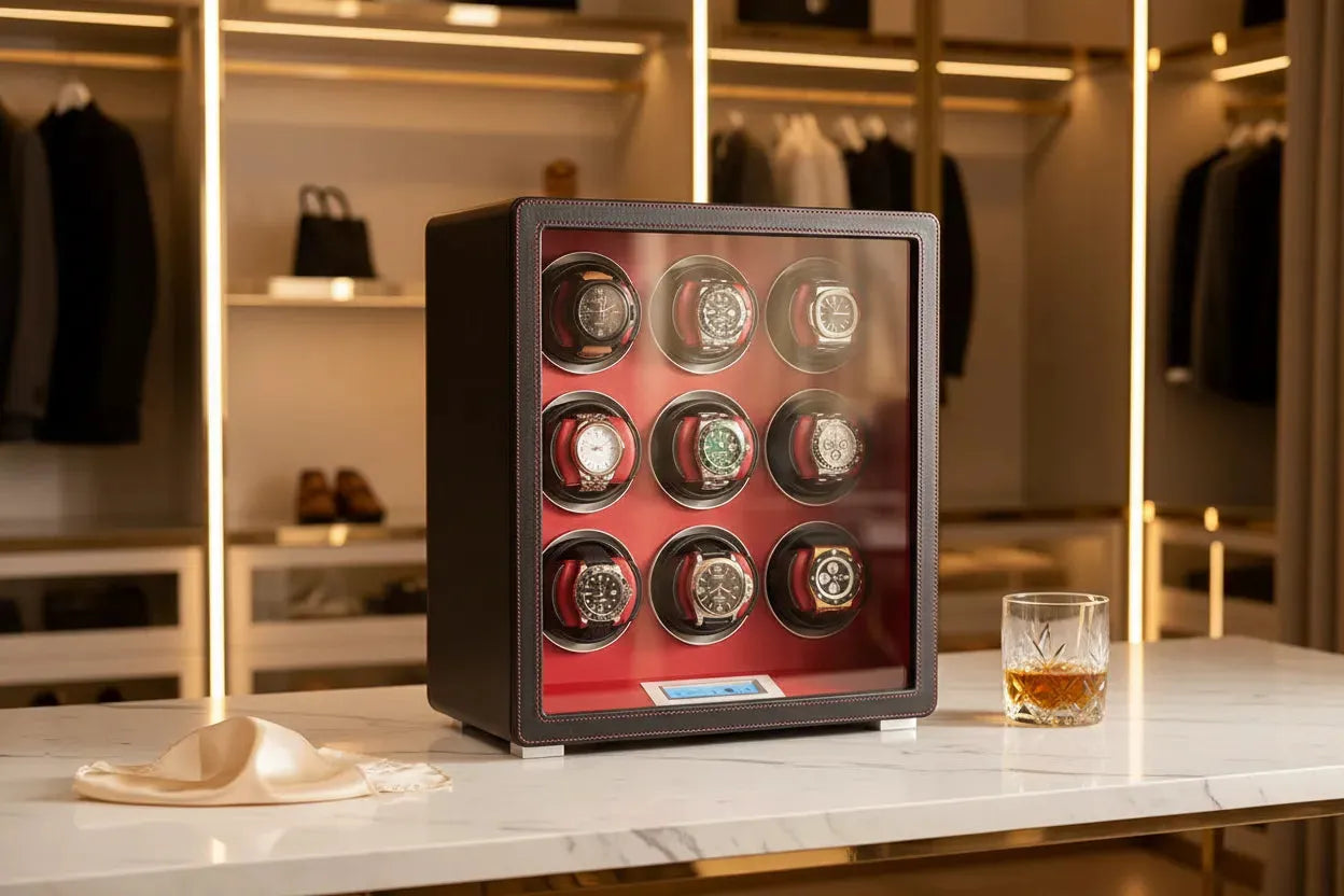 Aevitas 9 Watch Winder Smooth Black Leather with nine luxury watches including Rolex Submariner and Omega Seamaster — 9 watch winder UK