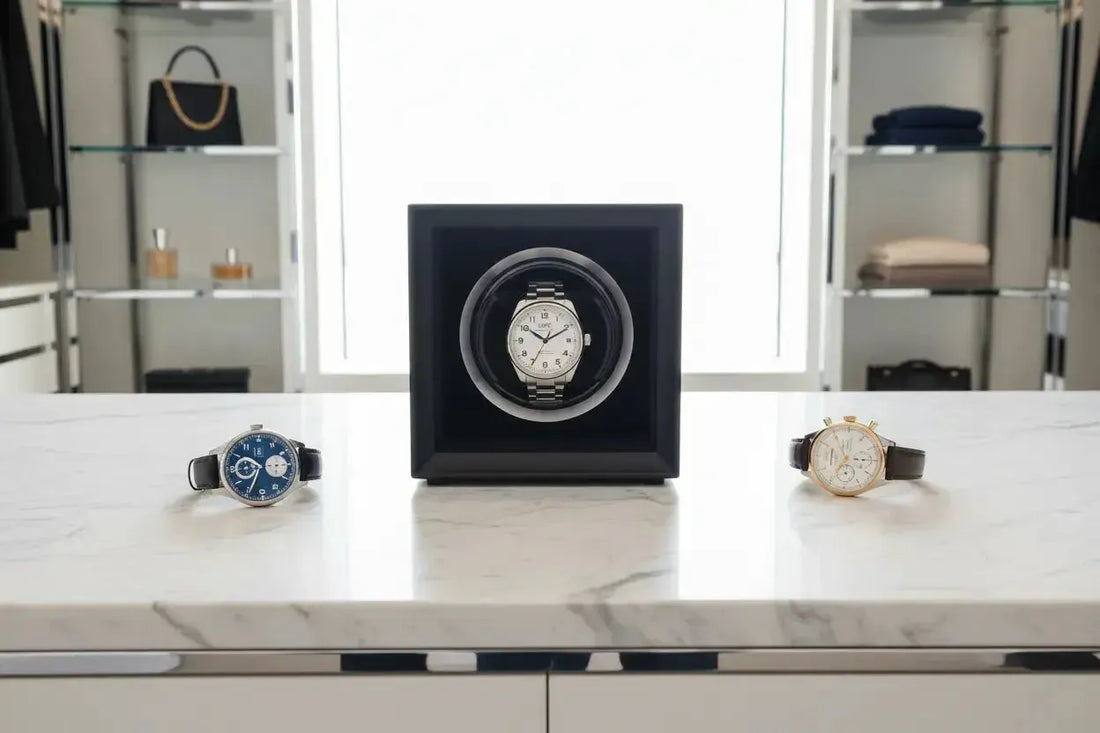 Aevitas carbon fibre single watch winder with IWC Portugieser and Pilot's Watch — premium watch winder for IWC Schaffhausen watches UK