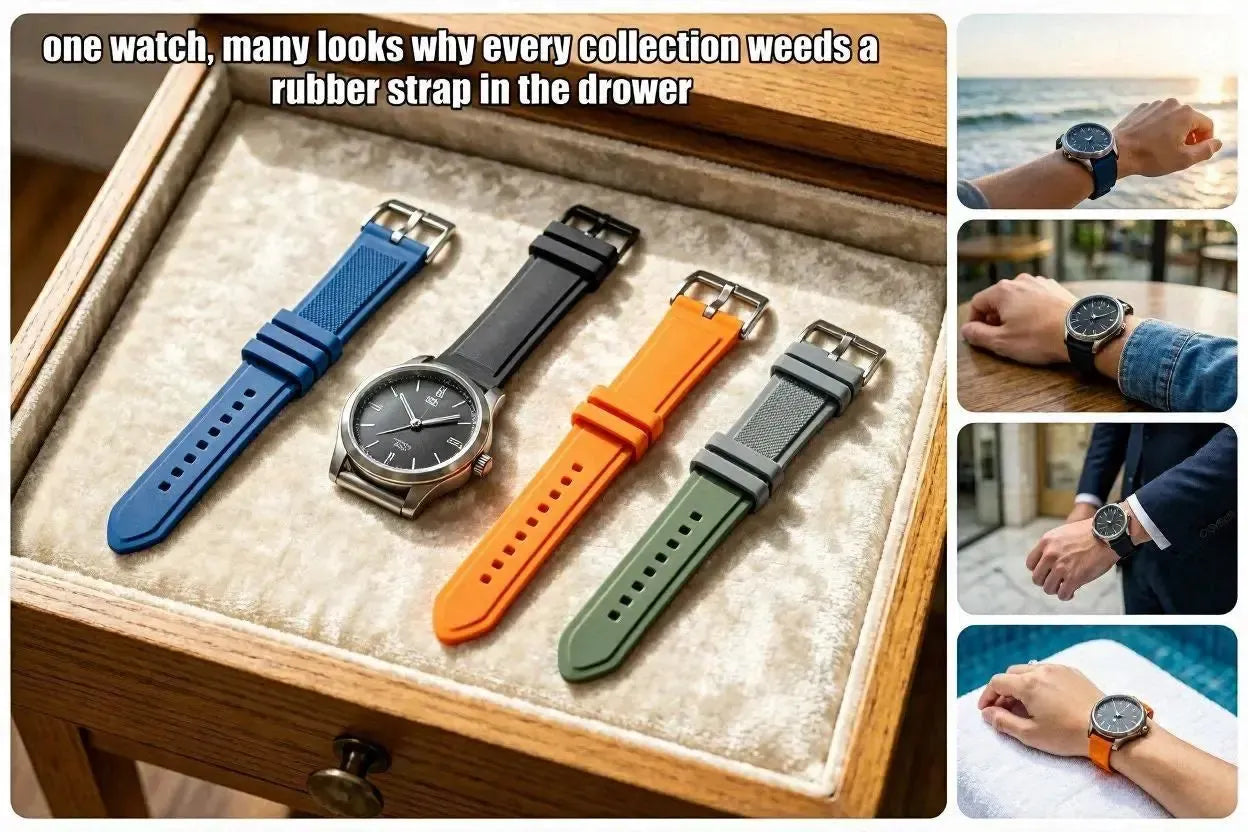 A luxury watch displayed with blue, black, orange, and grey rubber straps in a wooden storage box.