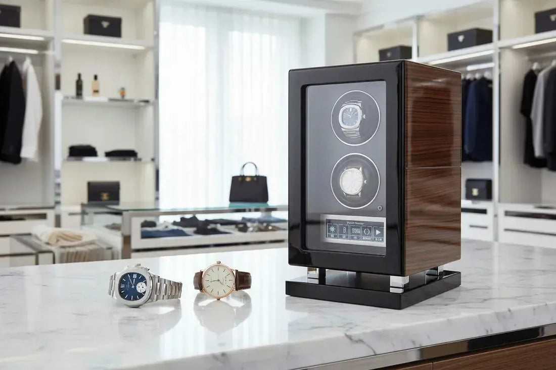 Aevitas Zebrano Ebony piano lacquer watch winder with Patek Philippe Nautilus and Calatrava — premium watch winder for Patek Philippe watches UK