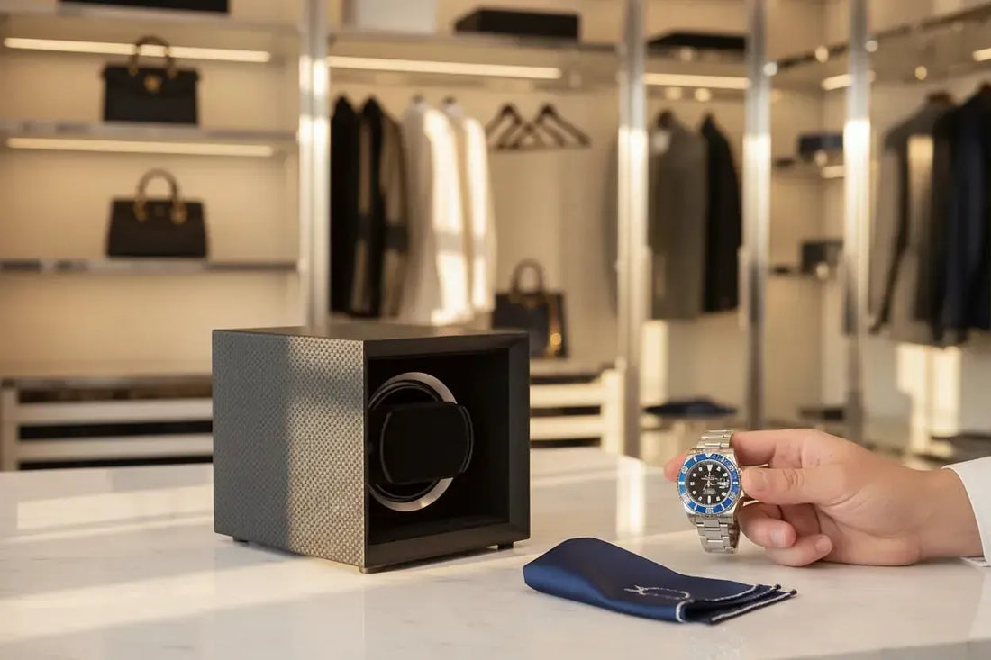 Aevitas Single Carbon Fibre Watch Winder beside a Rolex Submariner — watch winders vs manual winding guide UK