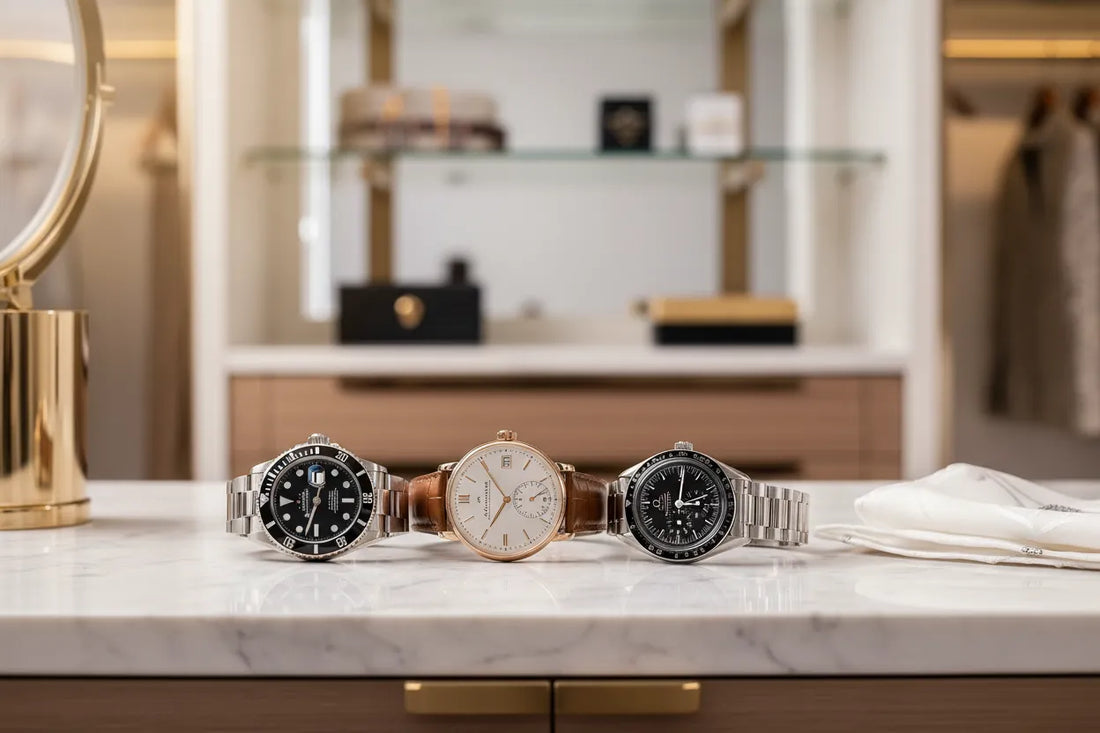 Rolex Submariner, A. Lange & Söhne Lange 1 & Omega Speedmaster on white marble