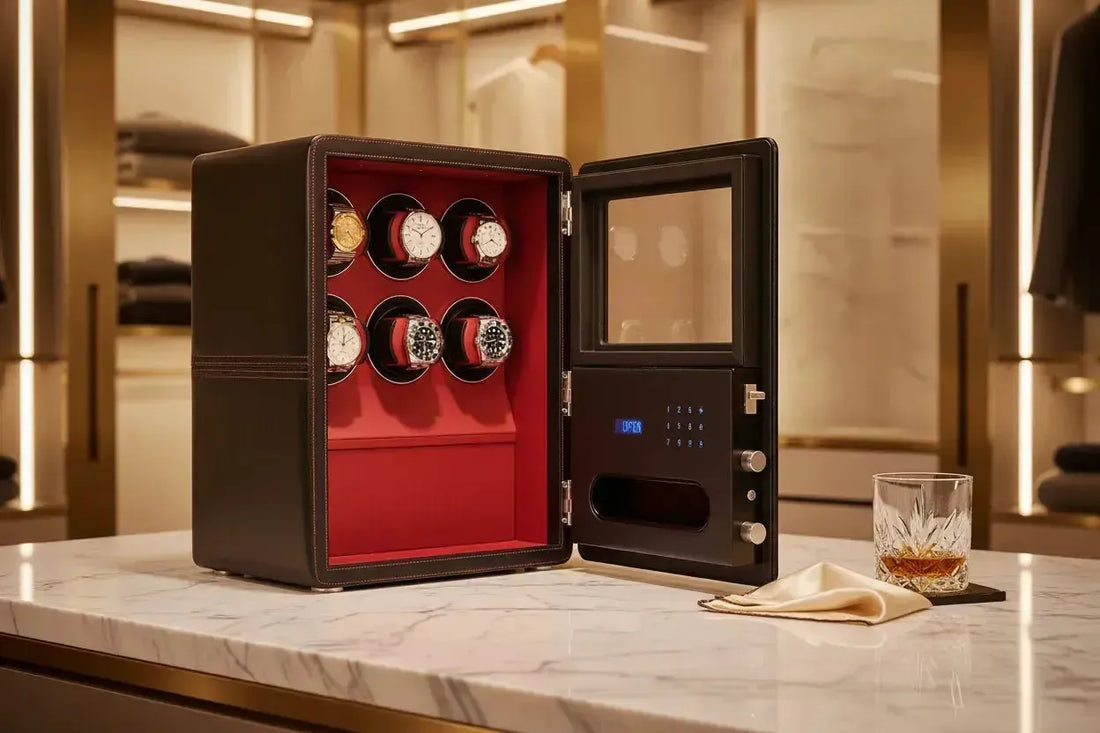 evitas Watch Winder Safe Black Leather with Rolex Submariner and Patek Philippe Calatrava — watch winder safe UK