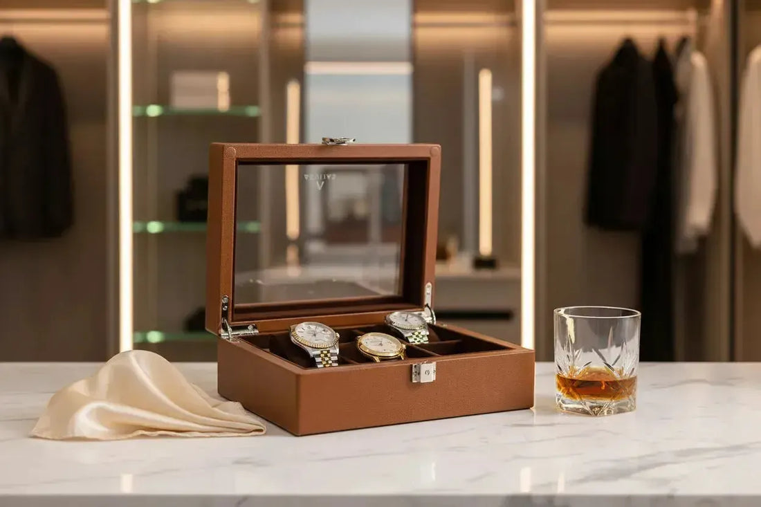 Aevitas 8 Watch Box Cognac Leather with Rolex Datejust and Omega De Ville — leather watch box UK