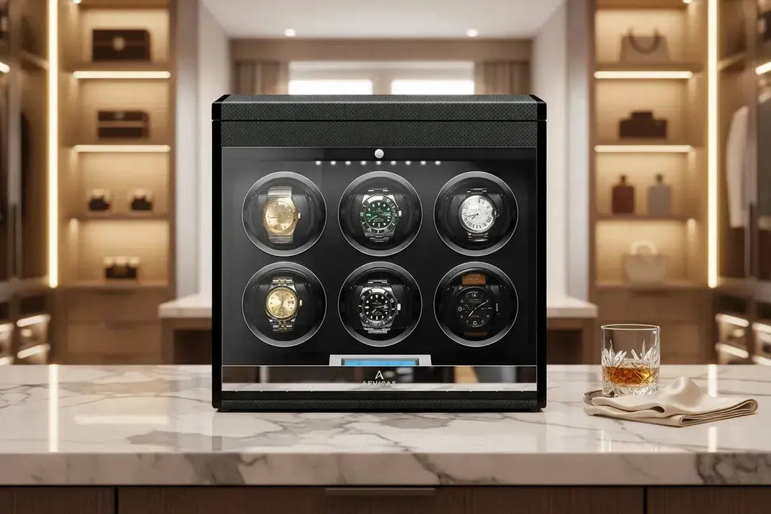 Aevitas Multi Watch Winder with six luxury watches including Rolex Submariner and Omega Seamaster — multi watch winder UK