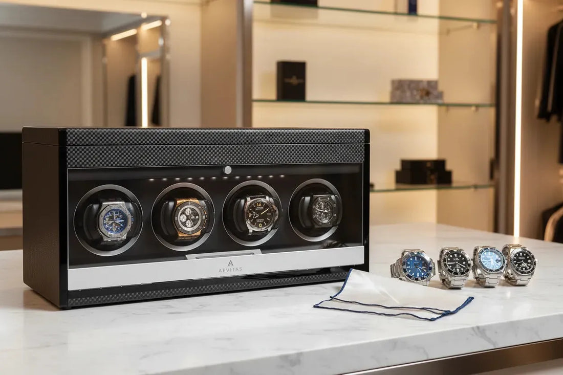 4 Watch Winder Carbon Fibre by Aevitas with Rolex, Omega, Patek Philippe and Audemars Piguet — best watch winders USA 2026